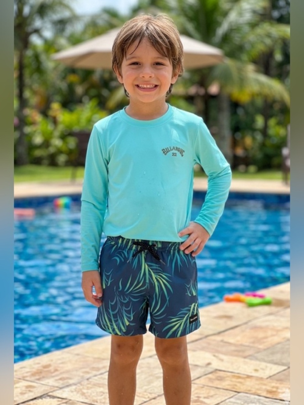 Billabong Aqua Long-Sleeve Rashguard with Navy Swim Shorts UV Protection NWT